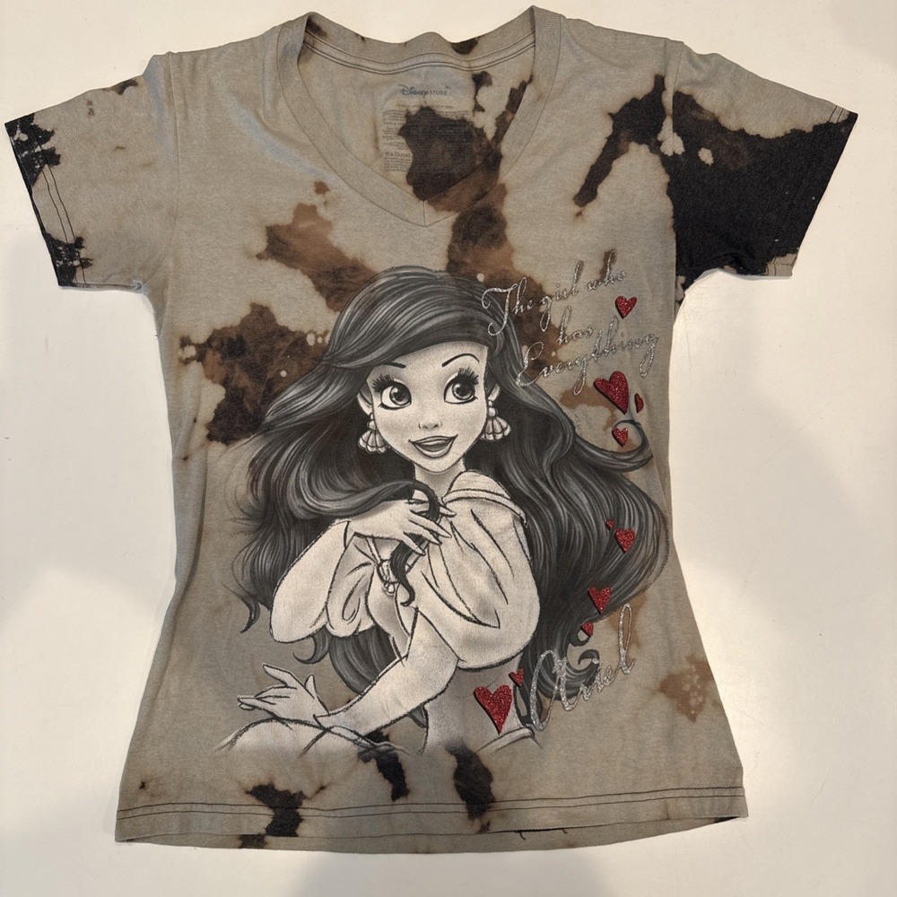 Disney Store The Little Mermaid Ariel Tie Dye V-Neck T-Shirt Brown Womens Small